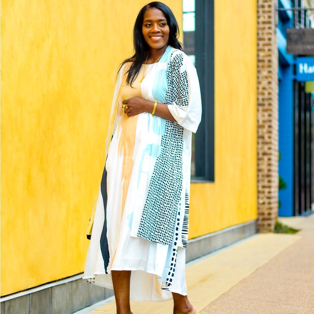 Two piece- Colorful Abstract Midi Dress & Matching Kimono- Brand New Absolutely